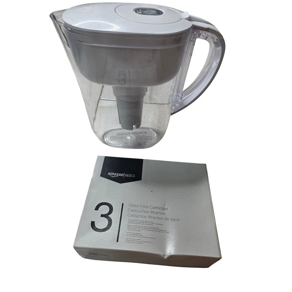 Brita Water Filter Pitcher White with Amazon Basics 3 Pack Filter Cartridges G3